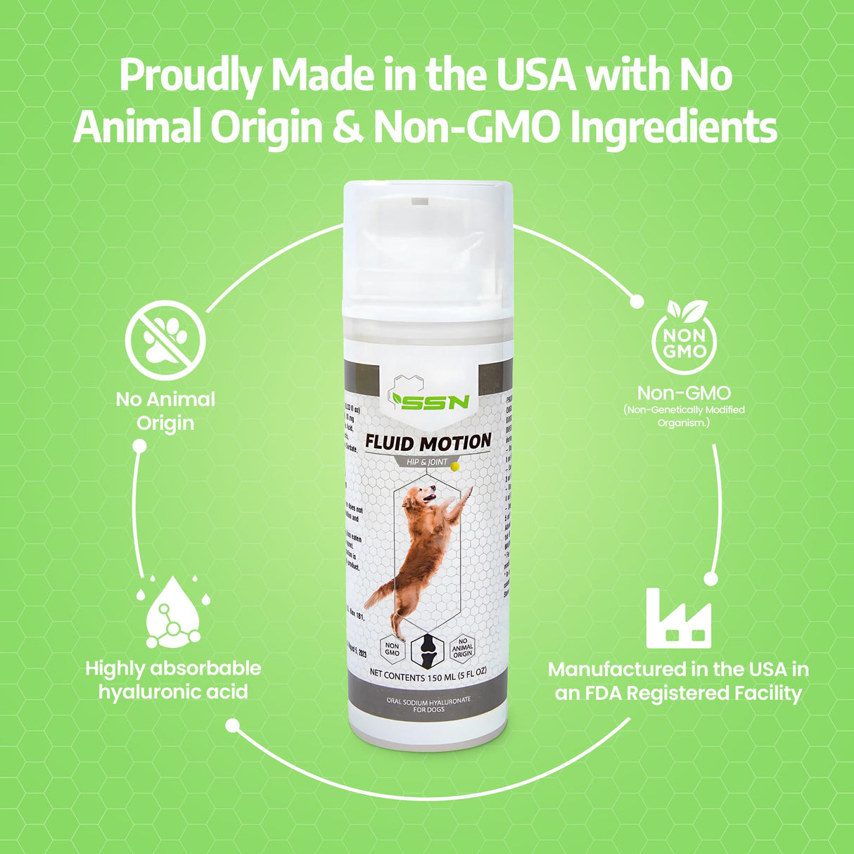 Fluid Motion - Hip & Joint Support for Dogs - Liquid Hyaluronic Acid - Joint Mobility, Skin, & Coat Supplement for Senior Dogs - Apple Flavor - Glucosamine Alternative (30-60+ Day Supply)
