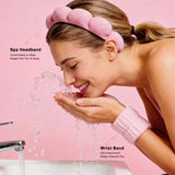 Spa Headband for Washing Face, Skincare Headband Wristband Set for Facial Mask Skin Care, Makeup Remover Towel Cloth Small Spray Bottle with Travel Makeup Bag Gifts for Women - Pink