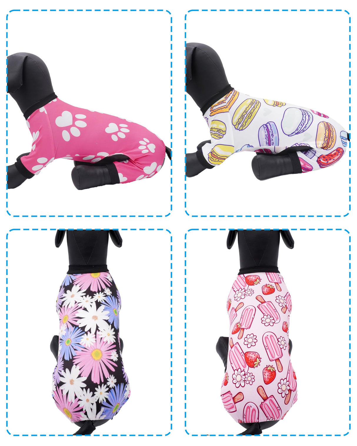 PET SHOW 4 Pack Dog Pajamas for Medium Large Dogs Girl Soft Stretchy PJs Paw Floral Jumpsuit Dog Doughnut Ice Cream Onesies Outfits with Sleeve Pets Breathable Summer Clothes Costume XXL