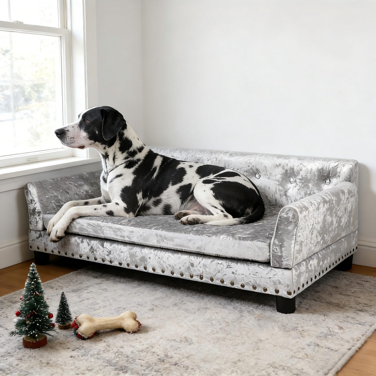 BingoPaw Large Dog Sofa Couch: Luxury Extra Large Pet Couch Made by Deluxe Tufted Velvet - European Court Style Doggy Chaise Daybed with Attached Cushion for Giant Breed Dogs up to 120lbs