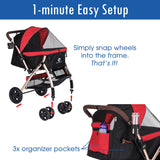 HPZ Pet Rover XL Extra-Long Premium Heavy Duty Dog/Cat/Pet Stroller Travel Carriage with Convertible Compartment/Zipperless Entry/Pump-Free Rubber Tires for Small, Medium, Large Pets (Red 2nd-Gen)