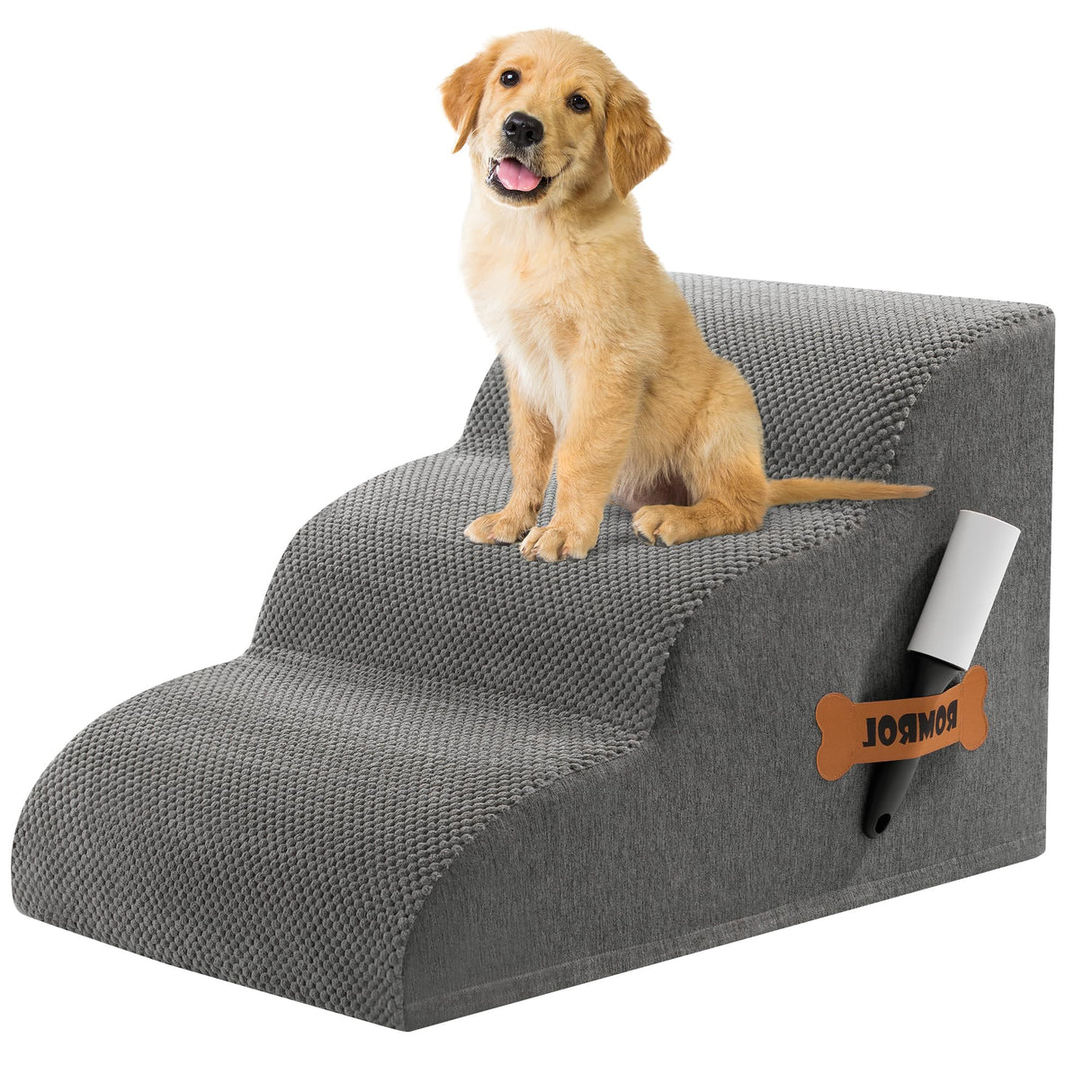 Romrol Dog Stairs Ramp for Small Dogs, 33D Pet Stairs Steps with Durable Non-Slip Waterproof Fabric Cover, Dog Slope Stairs to Bed for Small Dogs and Cats or Pets Joints, 3-Steps