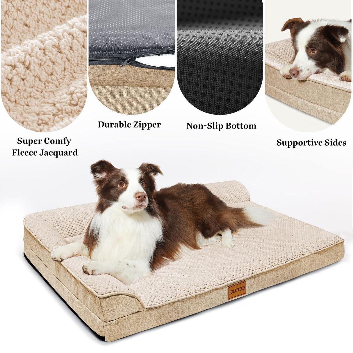 Jolifield Orthopedic Dog Bed Large Sized Dog 36''X24'', Waterproof L Bolster Egg Crate Foam Pet Crate Beds with Washable Removable Cover, Non-Slip Soft Pet Couch Sleep Mat, Ivory