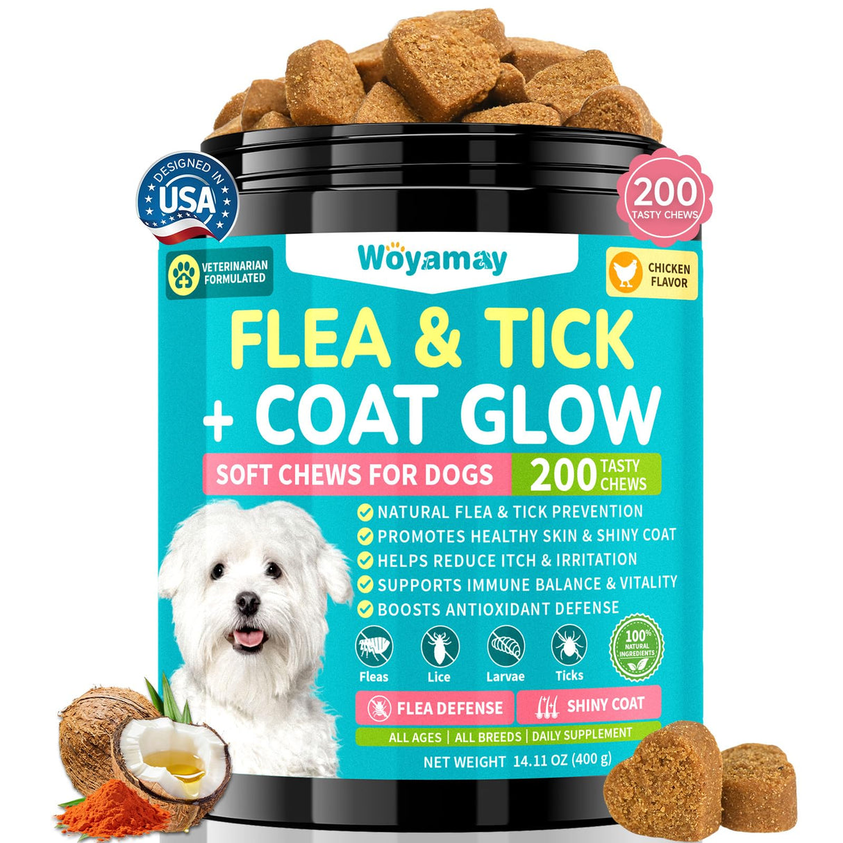 Woyamay Flea + Coat Glow Soft Chews, Natural Flea and Tick Prevention for Dogs, Dog Flea and Tick Treatment Chewable, Reduces Itch & Shedding with Fish Oil & Neem, Chicken Flavor