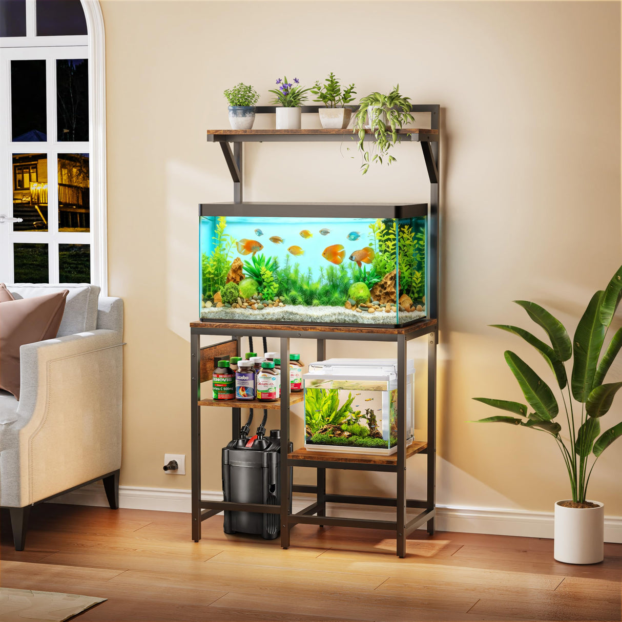 20-29 Gallon Fish Tank Stand, Aquarium Stand with Power Outlet, Heavy-Duty Reptile Terrarium Stand Table with 6-Leg Support and 4-Tier Adjustable Storage Shelves