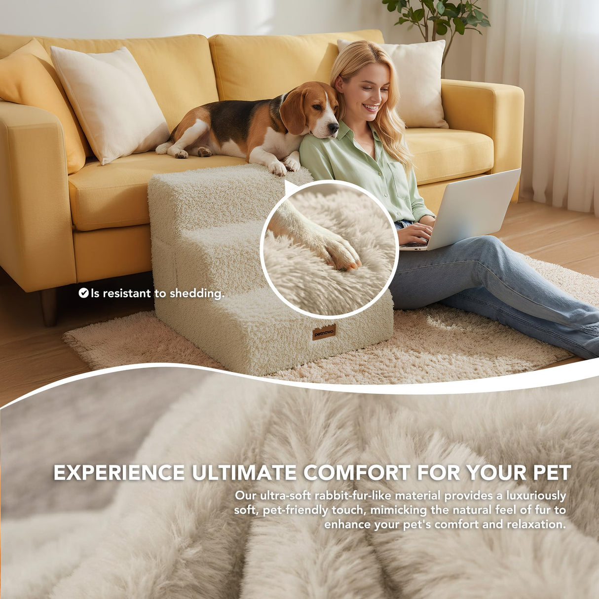 PETNOVO Ultra-Soft Rabbit Fur-Like Dog Stairs for Couch/Bed, Luxury Comfort 3-Step for Small & Senior Dogs, Non-Slip, Removable Washable Cover, OEKO-TEX Certified, 22.4"D x 15.7"W x 15.7"H, Off White