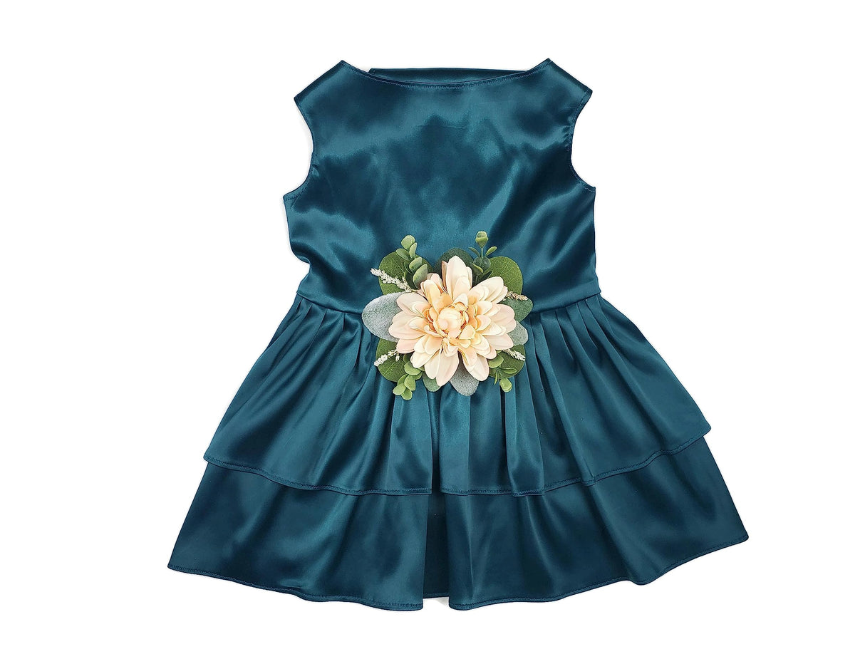The Rustica Wedding Flower Dog Dress | Satin Dog Dress (Peacock Teal, XX-Large (25-35 lbs))