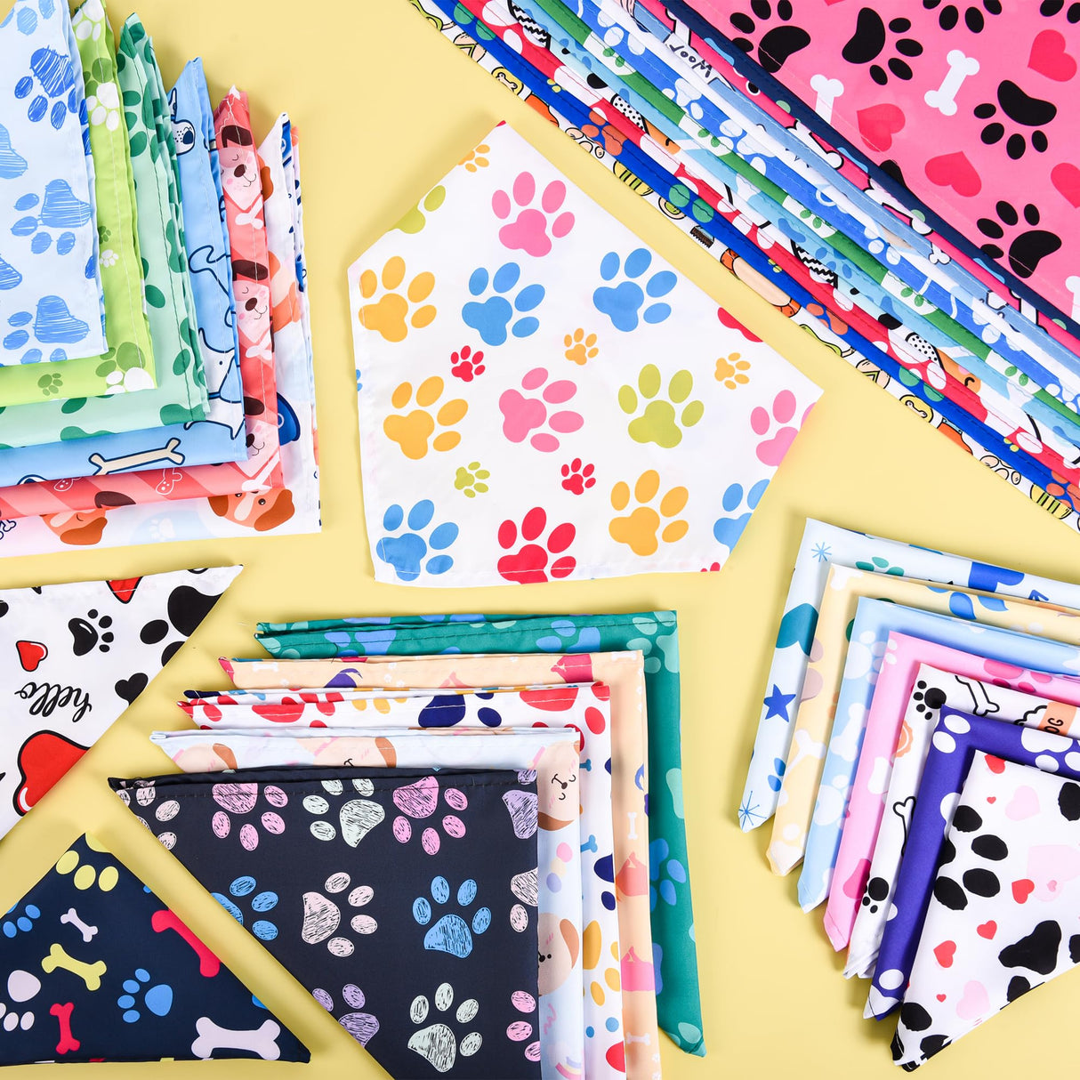 Cresue 100 Pcs Funny Dog Bandanas Bulk Cute Pet Scarves Paw and Bone Print Adjustable Bibs for X-M-L Dogs Washable Daily Puppy Kerchief for Groomers Shelters