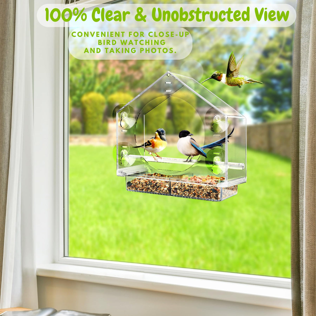 Window Bird Feeder with 4 Super Strong Suction Cups for Cat Elderly Kids,Large Clear Bird House with Detachable Seed Tray&Drainage Holes,Bird Feeder Window for Outside Viewing Wild Birdsy.