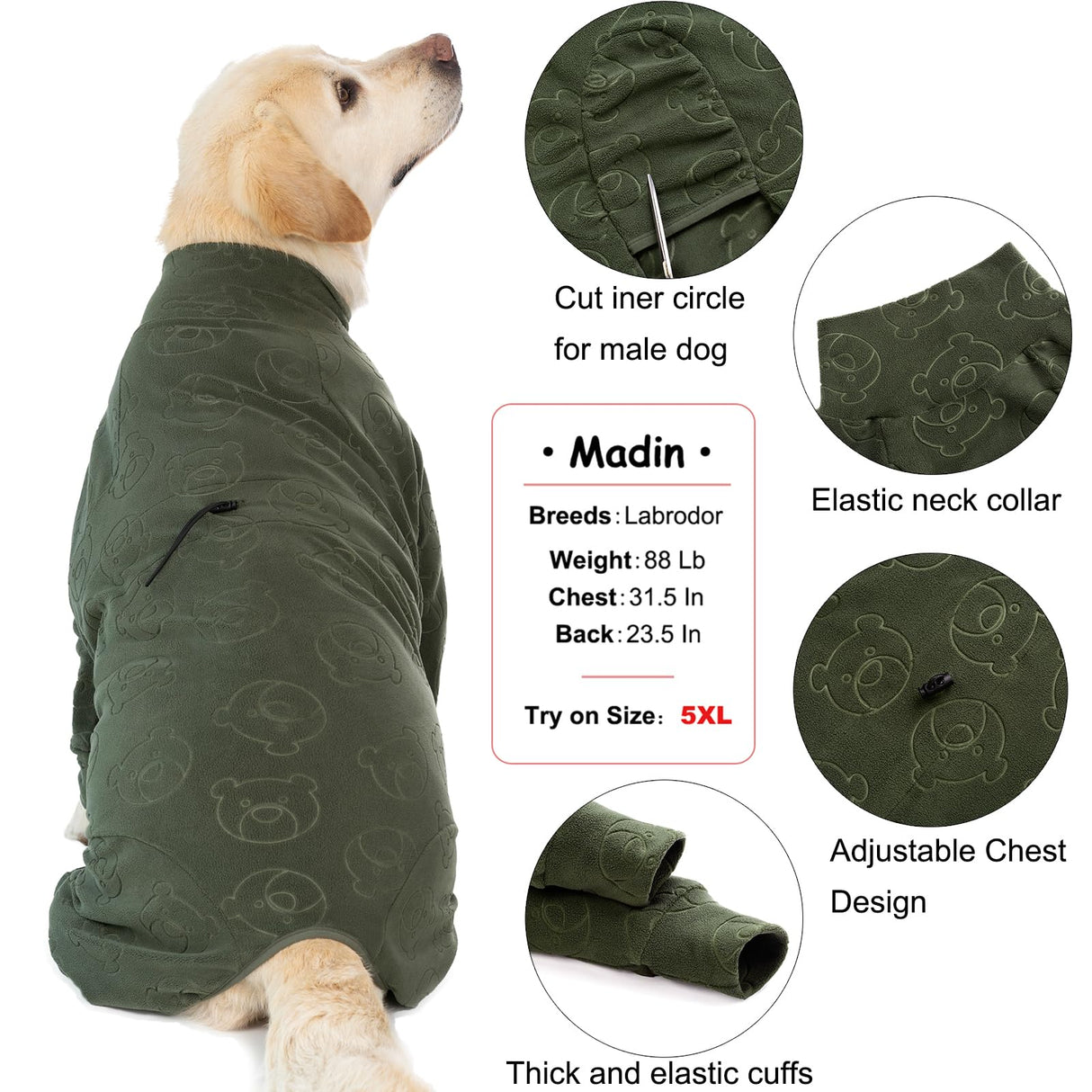 Dog Coats Autumn Winter Jumpsuit for Large Medium Dogs, Warmer Polar Fleece Dog Bodysuit Lightweight Pajamas, Pullover Stretchy Cold Weather Clothes (Dark Green, 5XL)