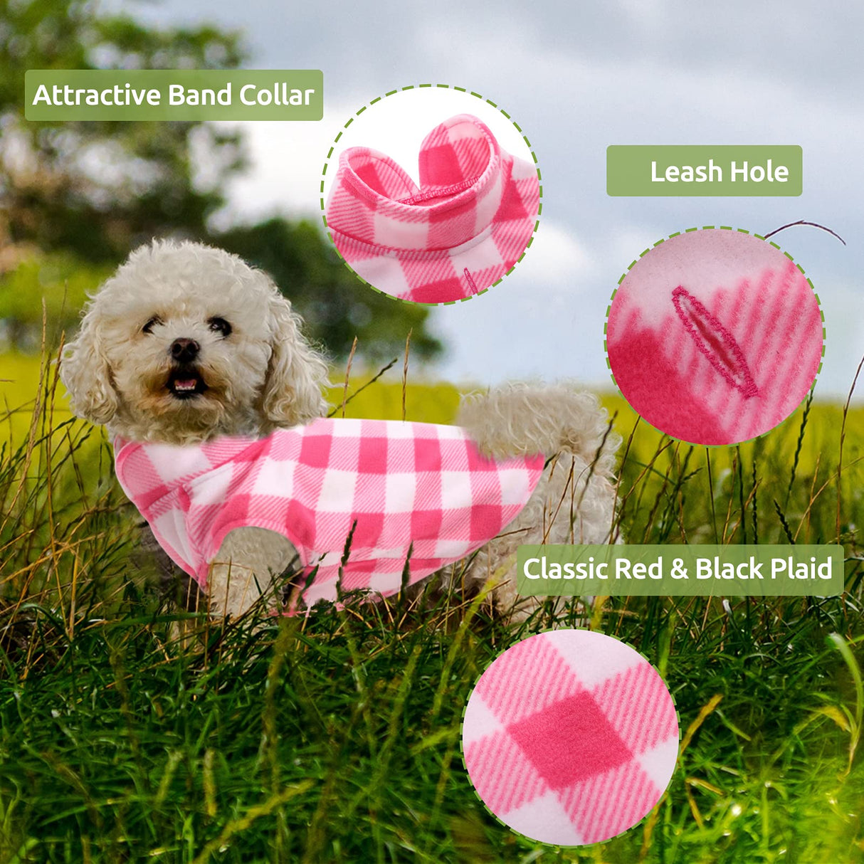 Kama Bridal 3 Pack Dog Coat - Spring, Autumn, Winter - Fleece Vest for Cats & Small/Medium Dogs - Red, Pink, Purple Plaid (L)