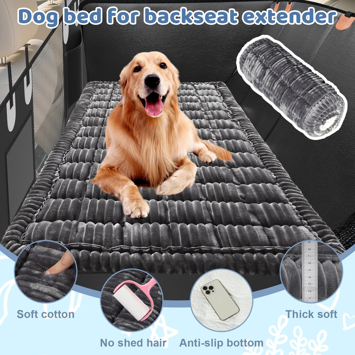 Abdtech Backseat Dog Bed Mat for Car: 23.6" x 52" Non-Slip Dog Bed for Back Seat - Soft and Comfortable Dogs Blanket - Washable Travel Pet Mat Seat Protector Fit for Back Seat Cover, Grey