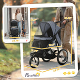 PawHut 3 Wheels Pet Stroller, Foldable Dog Stroller with Adjustable Canopy, Safety Tether, Cushion, Storage Basket, Portable Jogger for Small and Medium Dogs and Cats, Gray