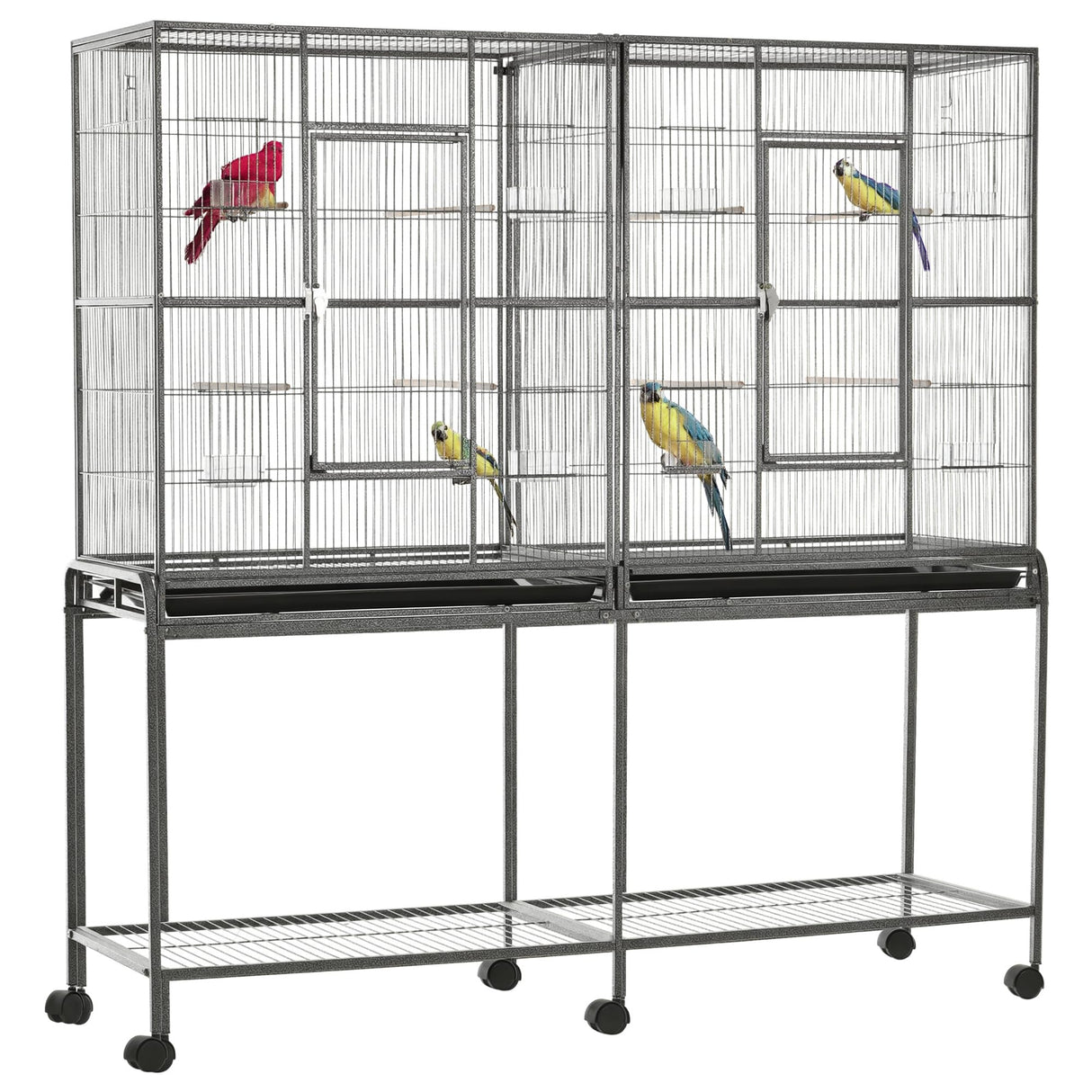 PawHut 65" Double Rolling Metal Bird Cage with Divider, Large Parrot Cage for Parakeet, Canaries, Lovebirds, Budgie, Finch, with Detachable Rolling Stand, Storage Shelf, Wood Perch & Food Container