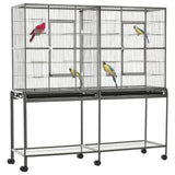 PawHut 65" Double Rolling Metal Bird Cage with Divider, Large Parrot Cage for Parakeet, Canaries, Lovebirds, Budgie, Finch, with Detachable Rolling Stand, Storage Shelf, Wood Perch & Food Container