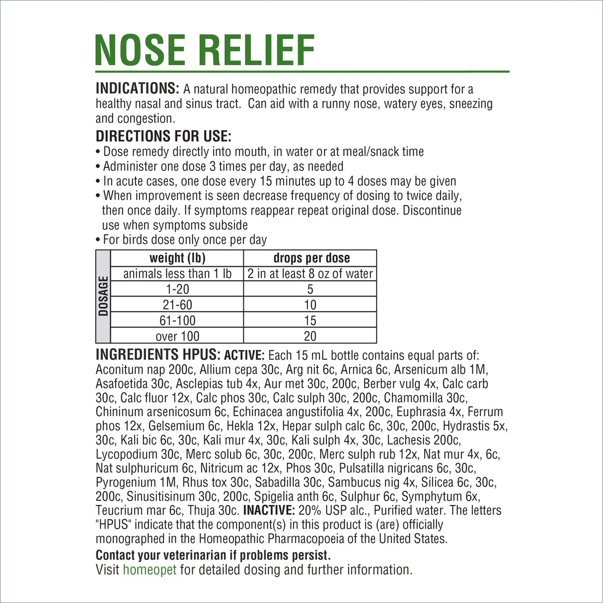 HomeoPet Nose Relief, Safe and Natural Sinus Supplement for Cats, Dogs, and Other Small Animals, 15 Milliliters