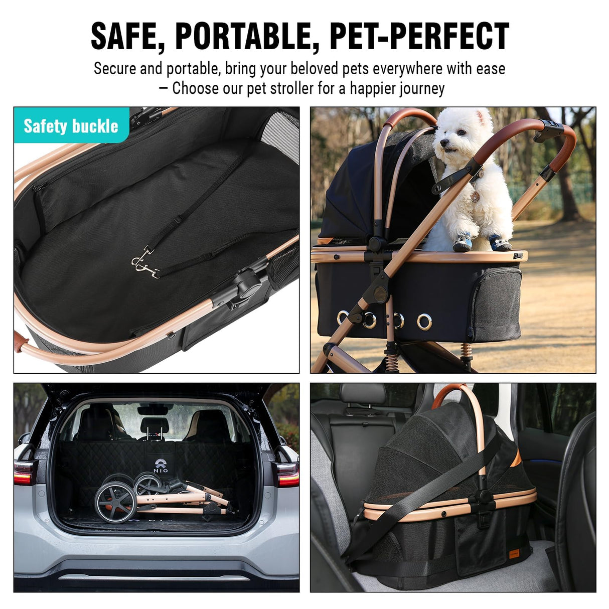EchoSmile 4 in 1 Pet Stroller, Folding Lightweight Cat & Dog Stroller with Detachable Carrier, NO-Zip 180° Reversible Canopy, All Terrain 4-Wheel,45 lbs Capacity for Small to Medium Dogs