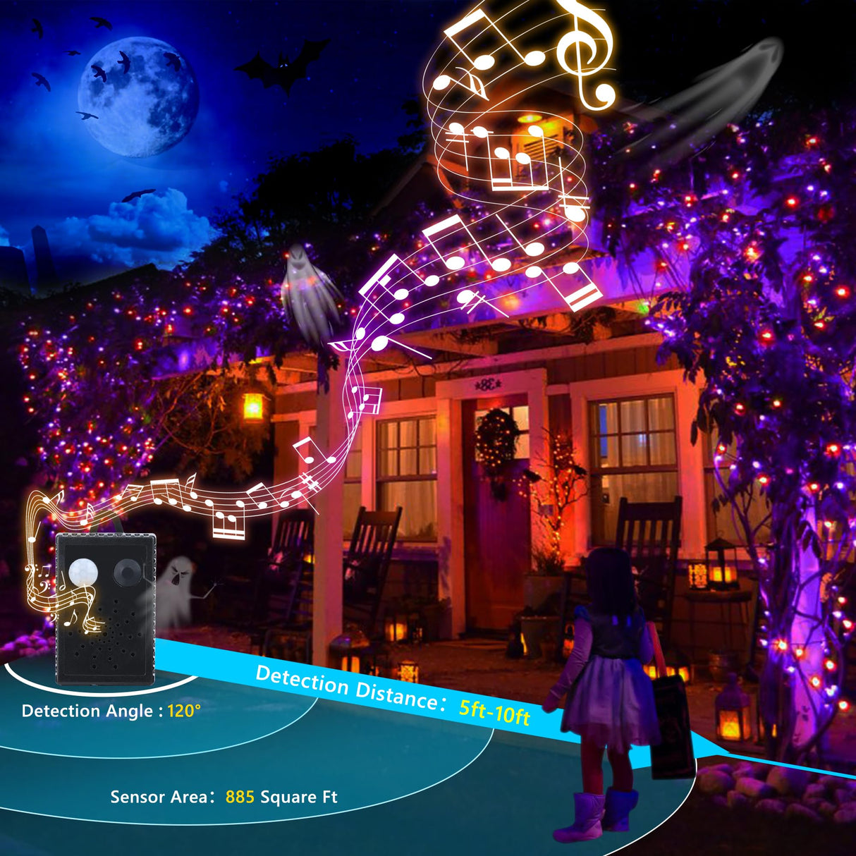 Toodour Halloween Lights Outdoor, 82FT 200 LED Halloween String Lights with Spooky Music Waterproof, Plug in Motion Sensor Orange & Purple String Light for Yard Bedroom Home Party Tree Halloween Decor