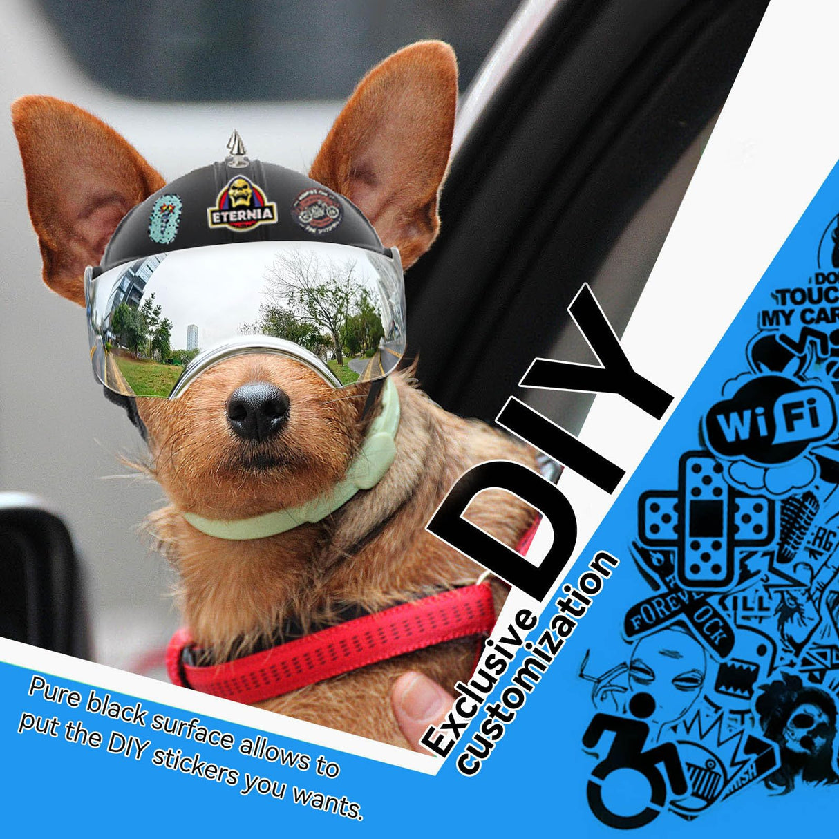 Dog Helmet for Small-Medium Breed Pet Motorcycle Helmet with Anti-UV Silver Visor, Protects Eyes & Head from Impact, Ideal for Riding & Halloween Cosplay