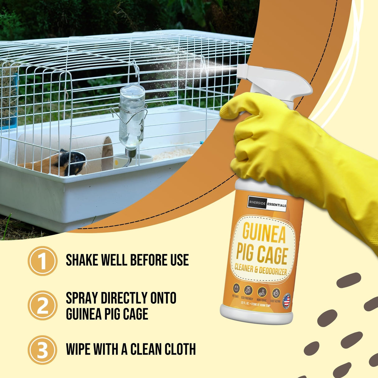 Riverside Essentials 32oz Guinea Pig Cage Cleaner & Deodorizer Spray - Safe & Effective Odor Eliminator for Small Animal Cages - Non-Toxic & Pet Safe Friendly Formula - Made in the USA