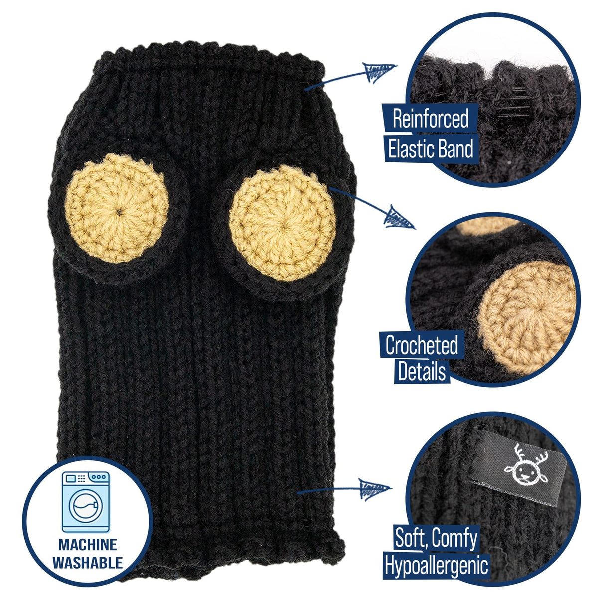 Zoo Snoods Black Bear Costume - Warm Knit Dog Snood Wrap for Pets, Neck Ear Cover Protection, Halloween Winter (Large)