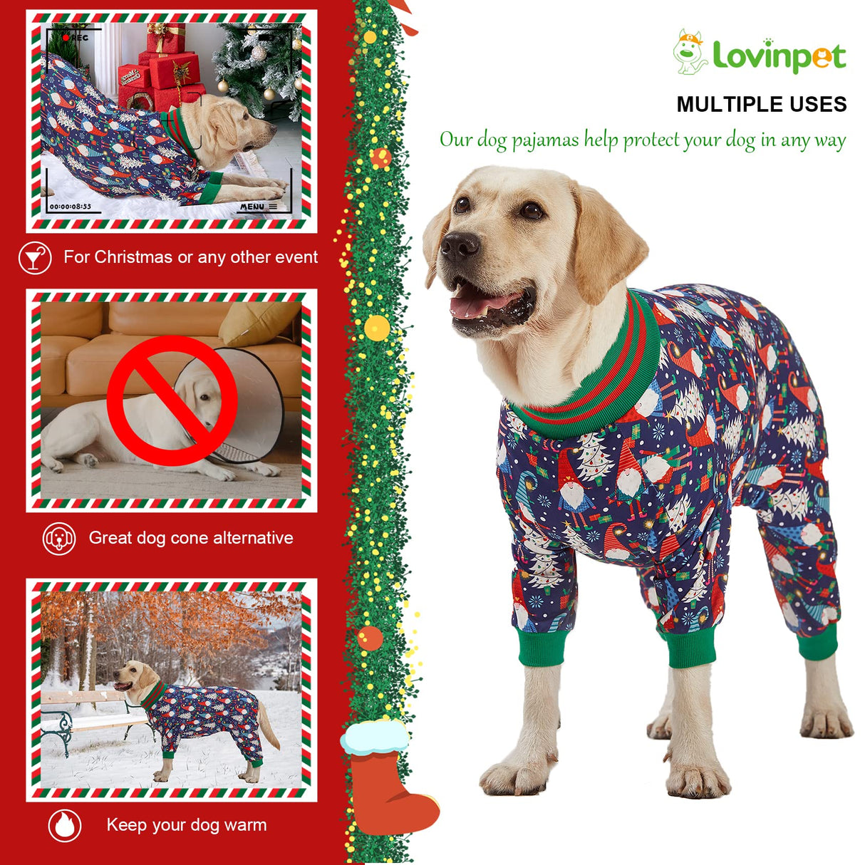 LovinPet Large Dog Christmas Pajamas - Christmas Outfit Xmas Holiday Costume for Dogs, Lightweight Pullover, A Gnome to FA La Navy Prints Large Dog PJ's Pitbull Clothes, L