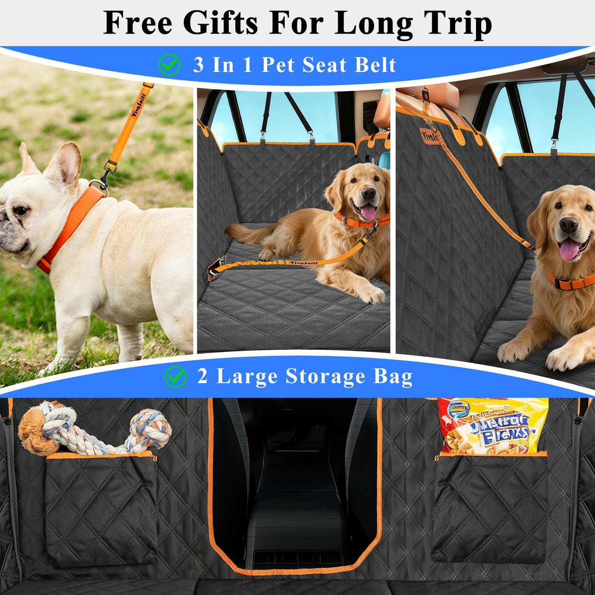 VIVASNIFF Hard Bottom Back Seat Extender for Dogs, Waterproof Dog Car Seat Cover, 420lb Support, 600D Heavy Duty Car Seat Protector Dog Hammock for Sedan, SUV, Small Truck(Black & Orange)