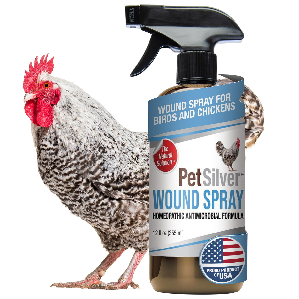 PetSilver Chicken Wound Spray for Chickens & Birds - Patented Silver Solution - Silver Spray for Wounds, Pecking Sores, Bumblefoot, Cuts, Burns, & Skin Irritations - Chicken Care - USA Made - 12 fl oz