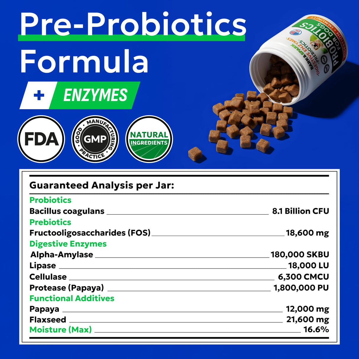 BARK&SPARK Dog Probiotics & Digestive Enzymes (Gut Health) Allergy & Itchy Skin - Pet Diarrhea Gas Treatment Upset Stomach Relief, Digestion Health Prebiotic Supplement Tummy Treat (180Ct Chicken)