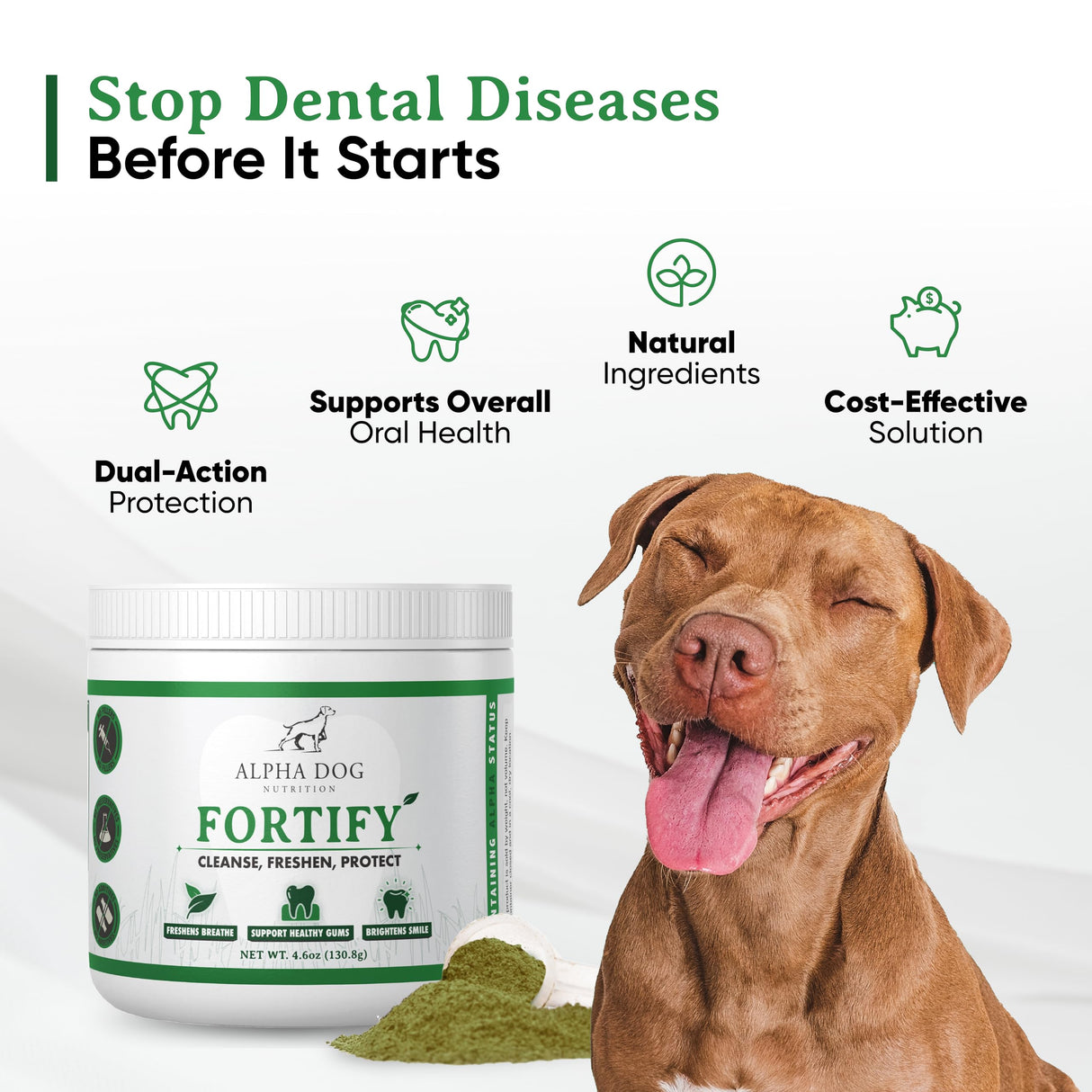 Dog Teeth Cleaning Powder - Fortify Dental Powder for Dogs - Plaque Remover and Freshens Bad Breath with Fresh Green Supplements - Contains Kelp, Probiotics, and Other Tooth Cleaning Ingredients