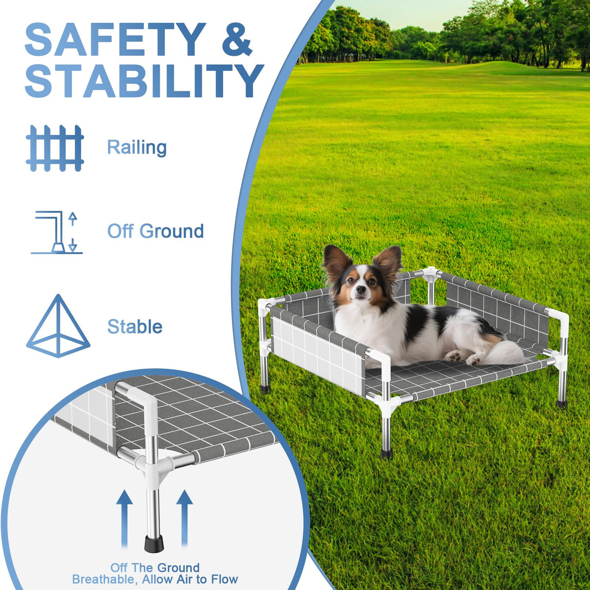 Elevated Dog Bed with 3-Sided Fence - Raised Pet Bed with Non-Slip Feet, Durable Elevated Couch for Small Dogs, Indoor/Outdoor Use with Easy-Clean Fabric