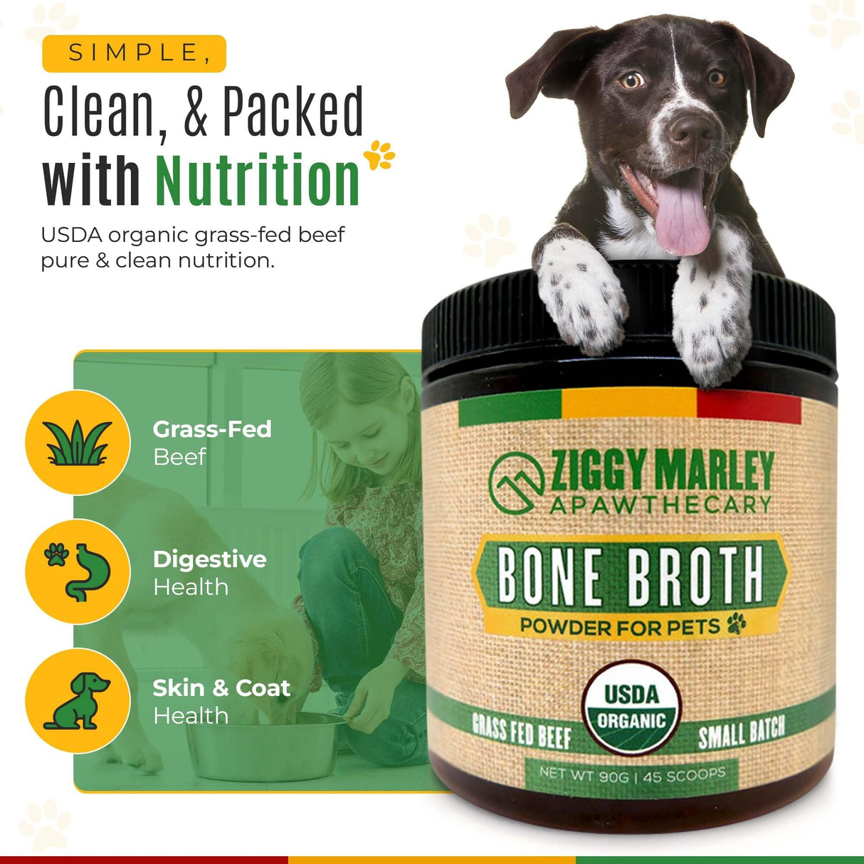 ZMA Pets Ziggy Marley's USDA Organic Beef Bone Broth Powder for Dogs & Cats - Support Joints, Coat, and Skin - Human Grade Grass Fed Beef, 90 Grams