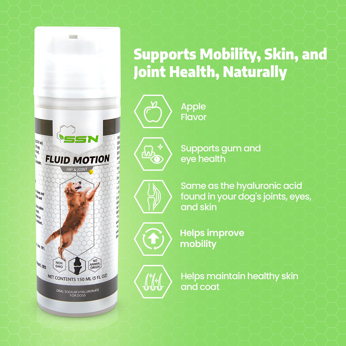 Fluid Motion - Hip & Joint Support for Dogs - Liquid Hyaluronic Acid - Joint Mobility, Skin, & Coat Supplement for Senior Dogs - Apple Flavor - Glucosamine Alternative (30-60+ Day Supply)