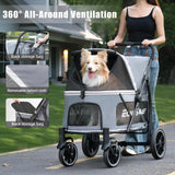 EchoSmile Dog Stroller for Large Dogs, 135lbs Weight Extra Large Pet Stroller, 4 Wheels Cats & Dogs Carrier with Brakes, Breathable Mesh Windows & Pocket, Gray