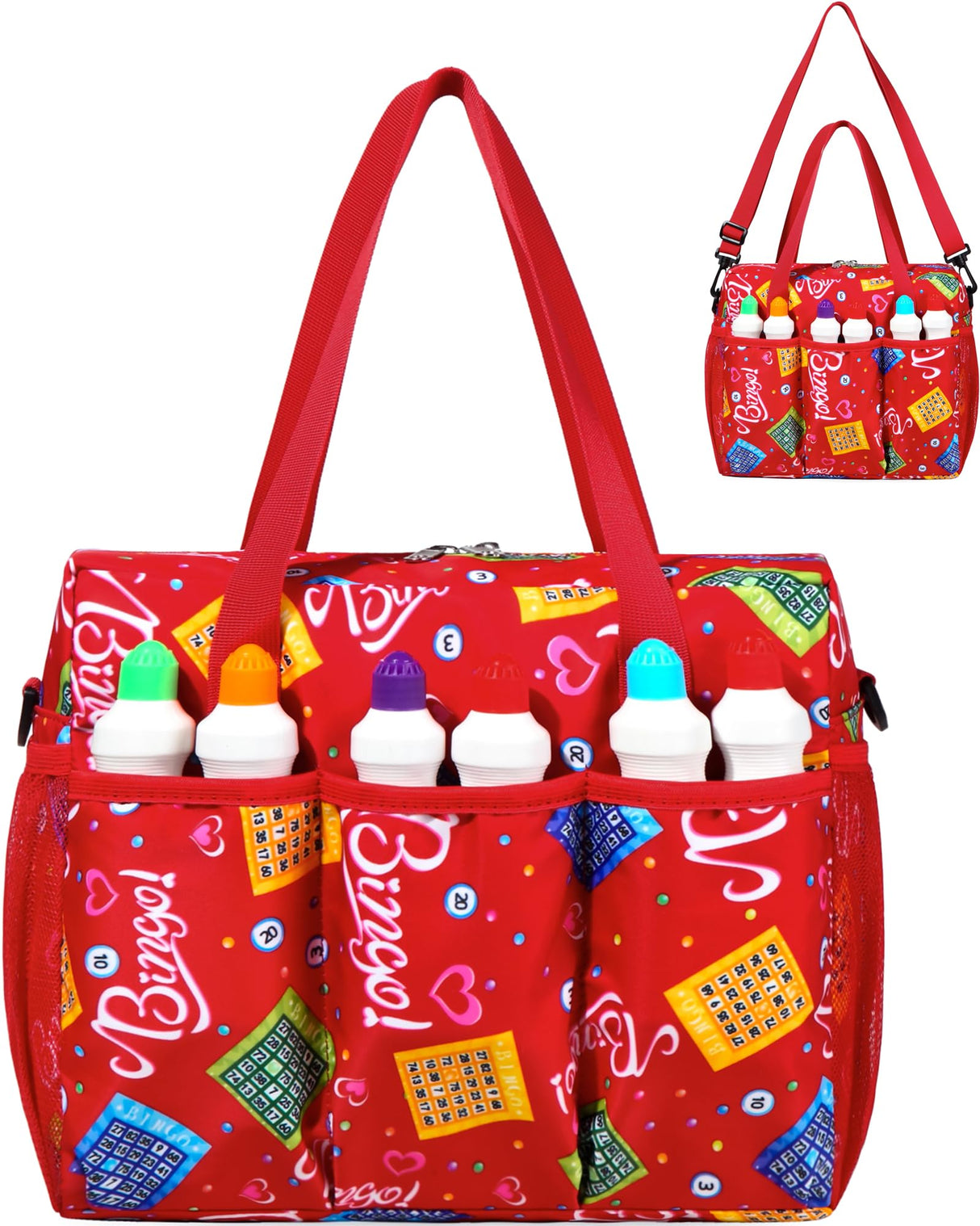 Bingo Bag with Pockets for Bingo Daubers Dabbers Dobbers Red Bingo Bag for Bingo Stuff Supplies Bingo Dauber Bag for Bingo Equipment Bingo Accessories for Women Bingo Prizes for Adults Seniors Elderly