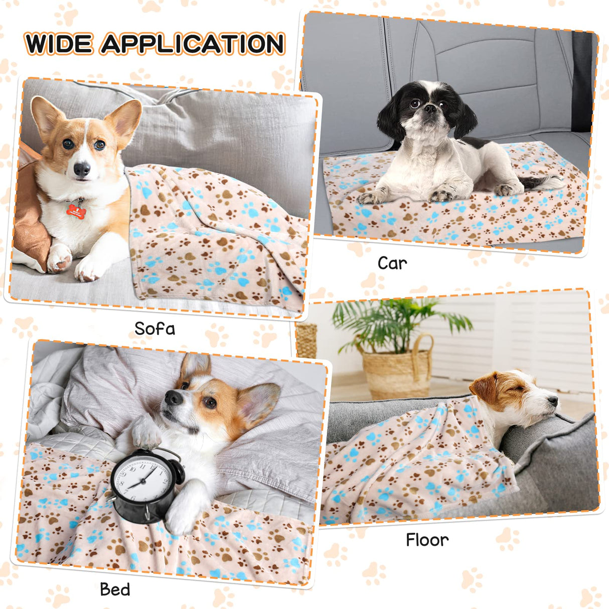 Rezutan Dog Blanket for Large Dogs, Upgraded 3 Pack Dog Cat Flannel Blankets Washable, Soft Pet Mat Throw Cover Suitable for Kennel Crate Bed, Cute Paw Pattern, Beige, 31" x 41"