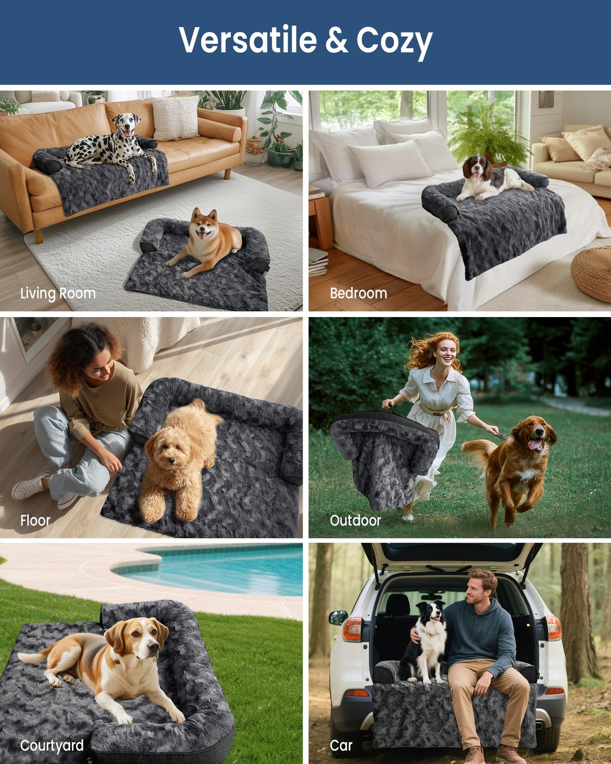 blunique Calming Large Dog Bed for Couch, 41 x 37 inch Removable Couch Cover for Dogs Washable, Non-Slip Fluffy Plush Dog Sofa Mat for Furniture Protector - Dark Grey
