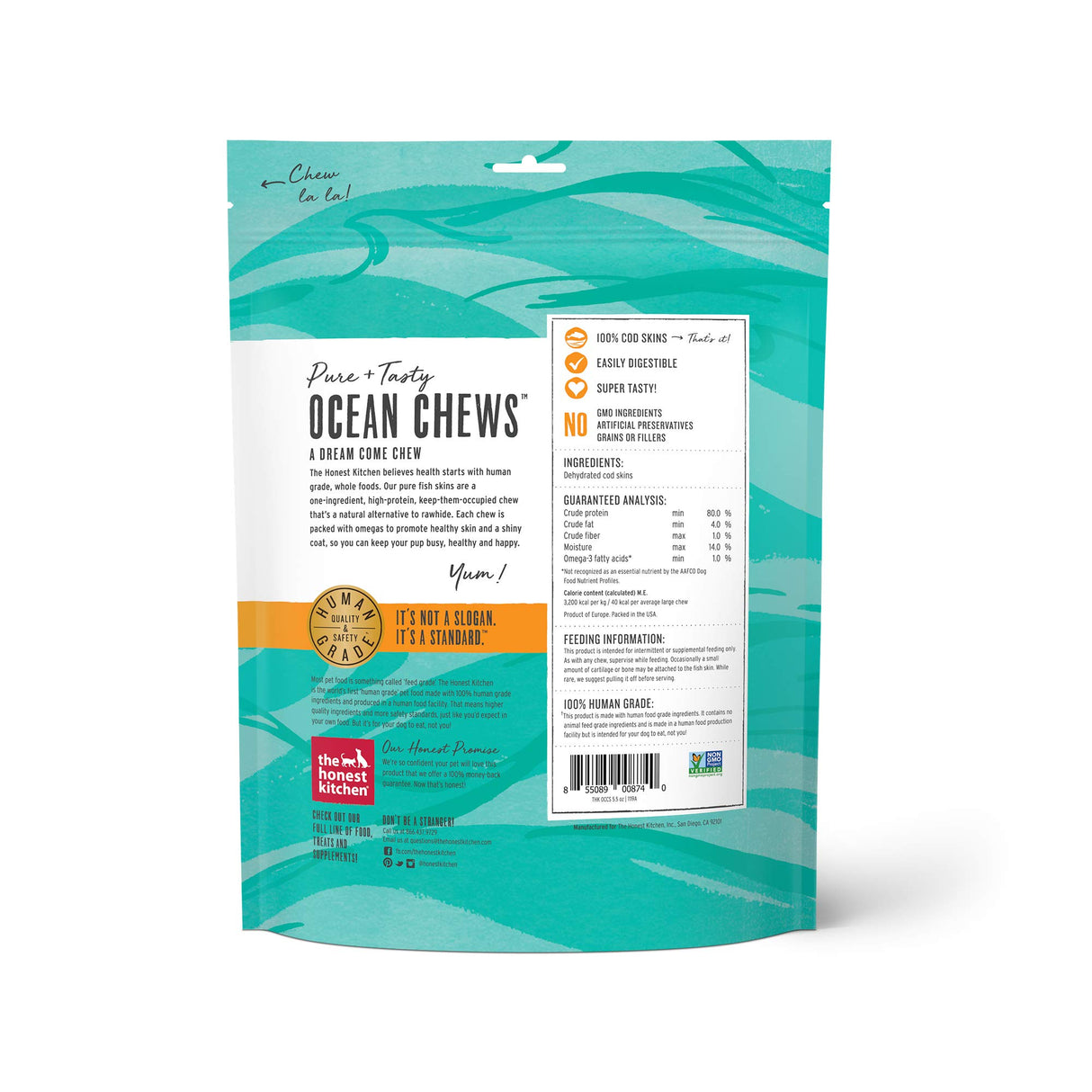 The Honest Kitchen Human Grade Ocean Chews Crispy Cod Fish Skins Dog Treats, 5.5 Ounces