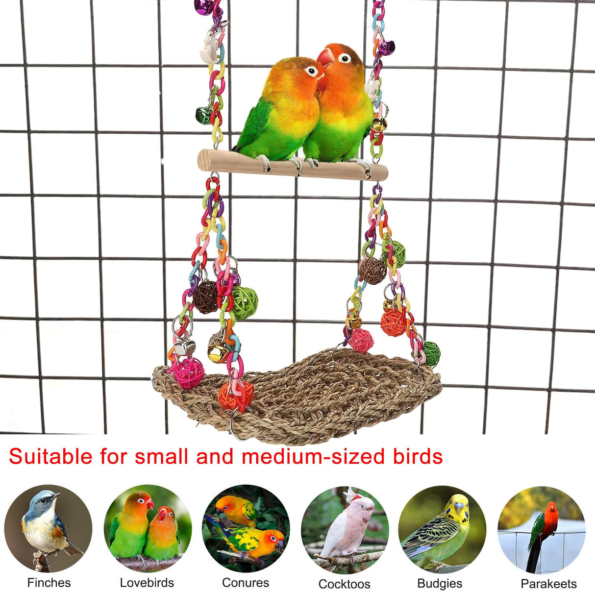 FrgKbTm Bird Swing Toys with Wood Perch, Seagrass Woven Parrot Platform Bird Climbing Hanging Hammock Bird Perch Stand Chewing Toy for Parakeets,Budgie, Conure, Cockatiel,Lovebird