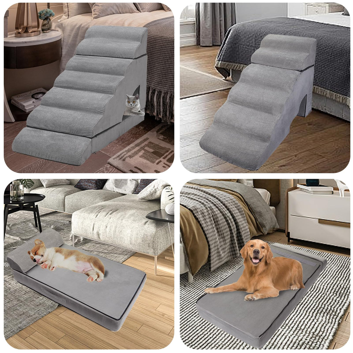 LitaiL 7-Step Dog Stairs for High Beds 30-36" Tall Dog Ramp for Small and Older Pets, Non-Slip Pet Steps, Grey
