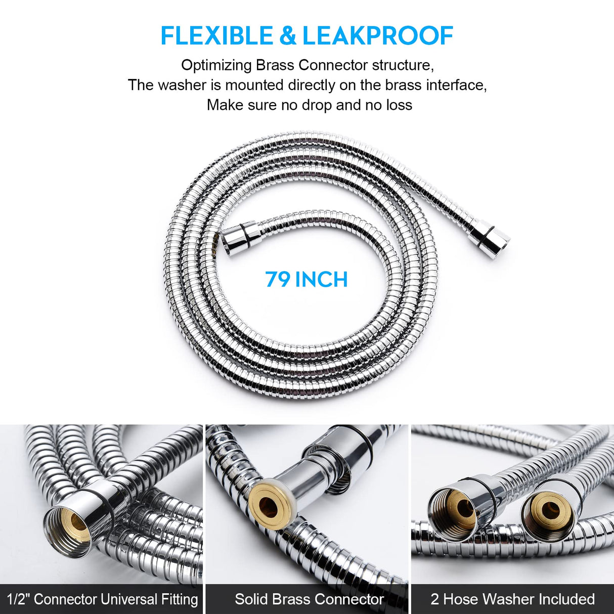 Blissland Shower Hose, 79 Inches Extra Long Stainless Steel Handheld Shower Head Hose with Brass Insert and Nut - Durable and Flexible(Chrome)