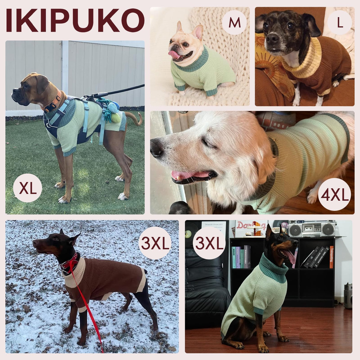 IKIPUKO Dog Sweater XXXL, Turtleneck Sweaters with Leash Hole, Soft Knit Pullover for Large Dogs Male Female, Winter Thermal Pet Sweaters for Doberman Labrador, Green 3XL