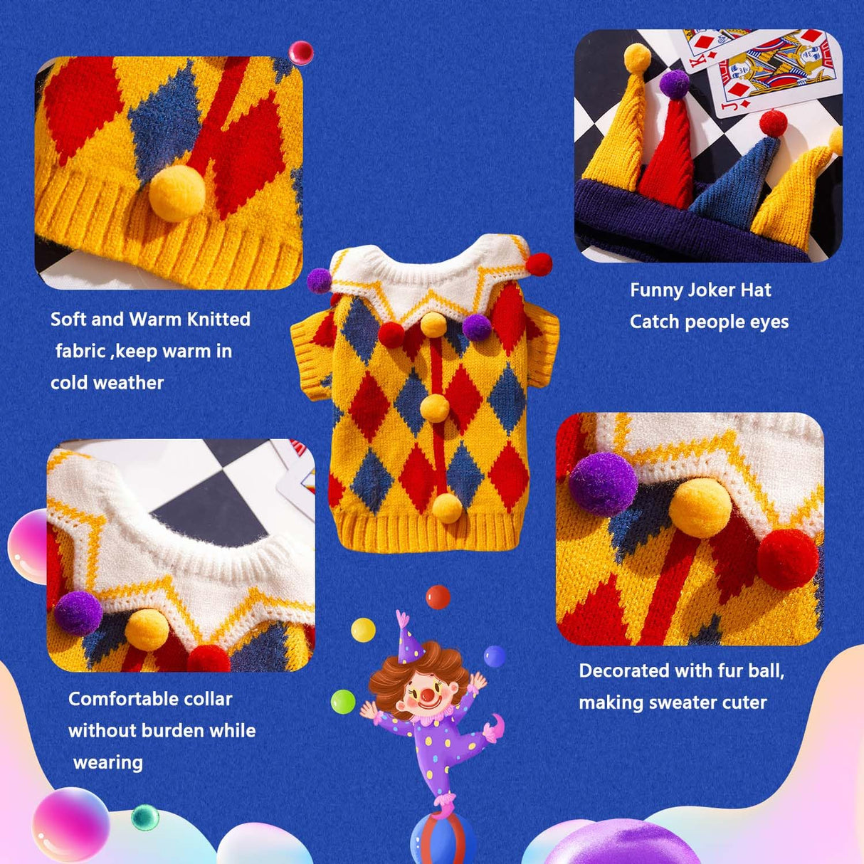 FLAdorepet Dog Circus Clown Costume with Joker Hat,Dog Cat Halloween Mardi Gras Outfit Party Jester Costumes Cosplay Apparel,Winter Pet Knitted Sweaters Clothes for Small Medium Dogs Cats,X-Large