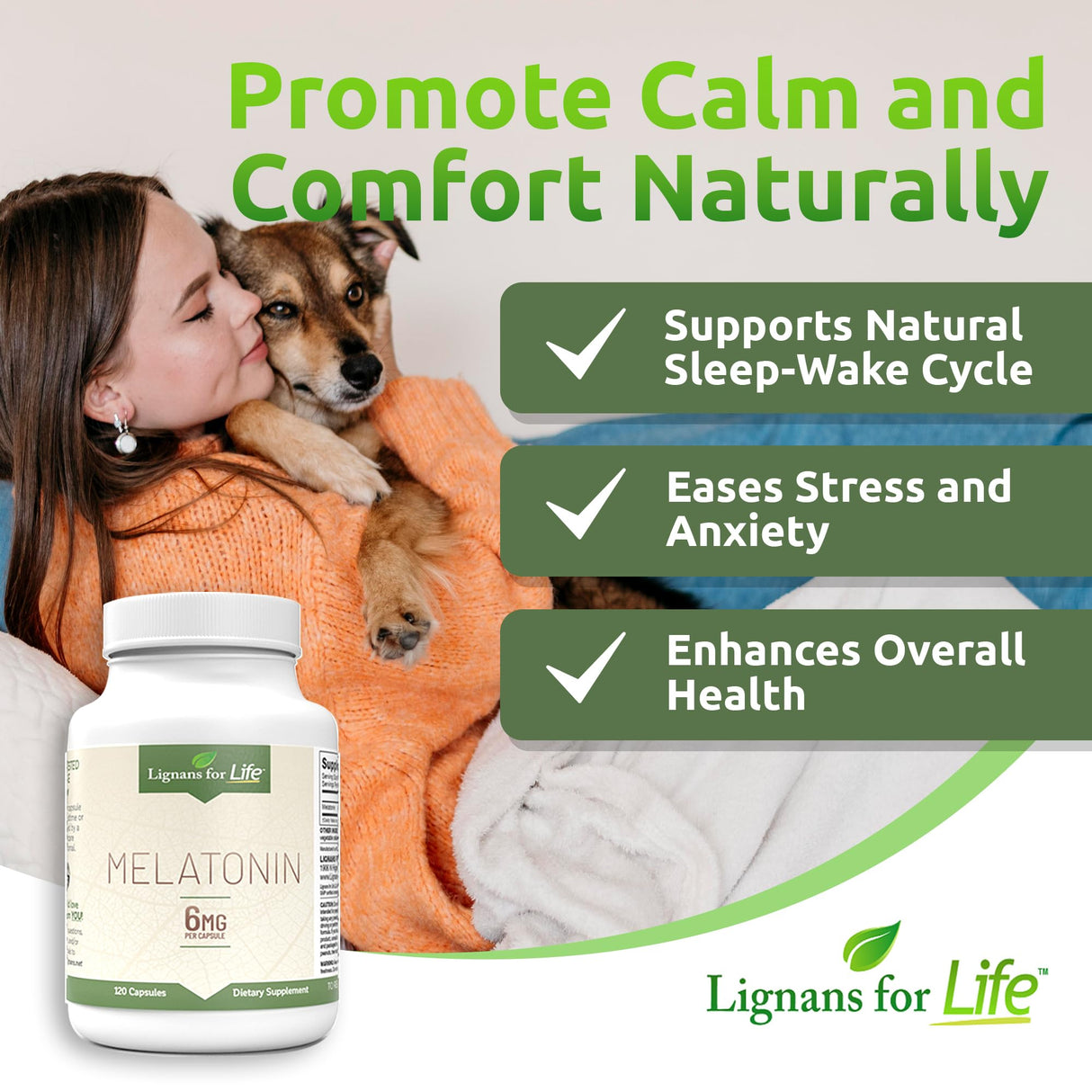 Lignans for Life Melatonin for Dogs & People, 6mg - 120 Capsules - Capsules - Pet Treats - Vitamins for Overall Health