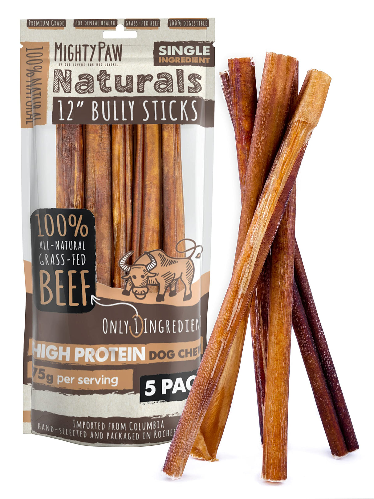 Mighty Paw Long Lasting 12" Bully Sticks for Dogs - All Natural Grass Fed Beef Chews. Lower Odor Dog Bully Sticks for Large Dogs, Medium and Small Breeds. Single Ingredient Treats