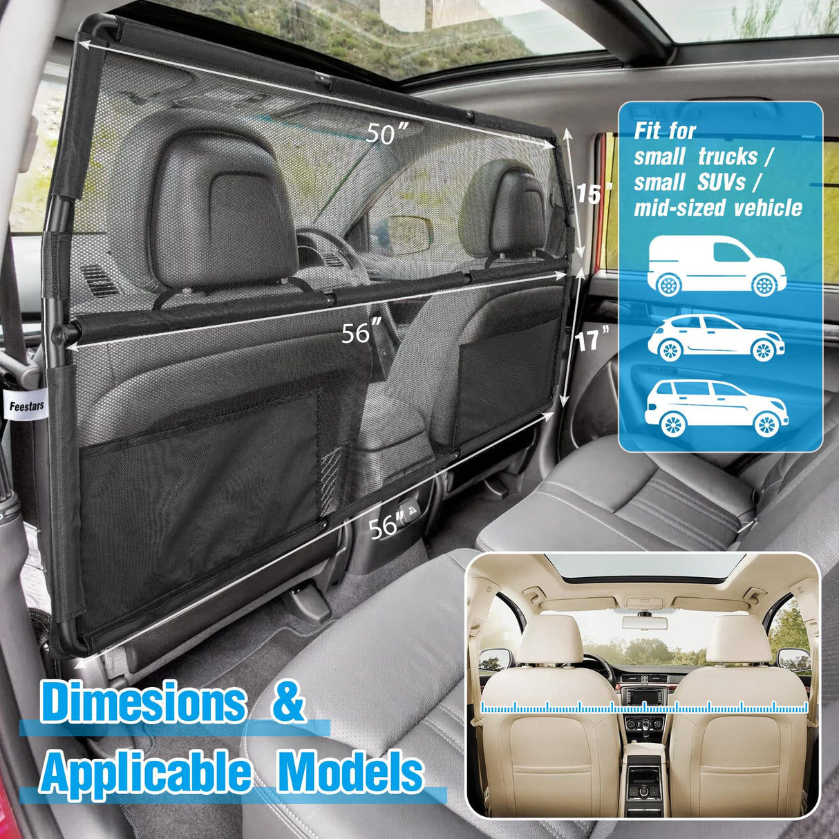 Feestars Dog Barrier for SUV Truck,56" Car Divider for Pet, SUV Dog Barrier for Cargo Area,Back Seat Car Gate with See Through Net Mesh