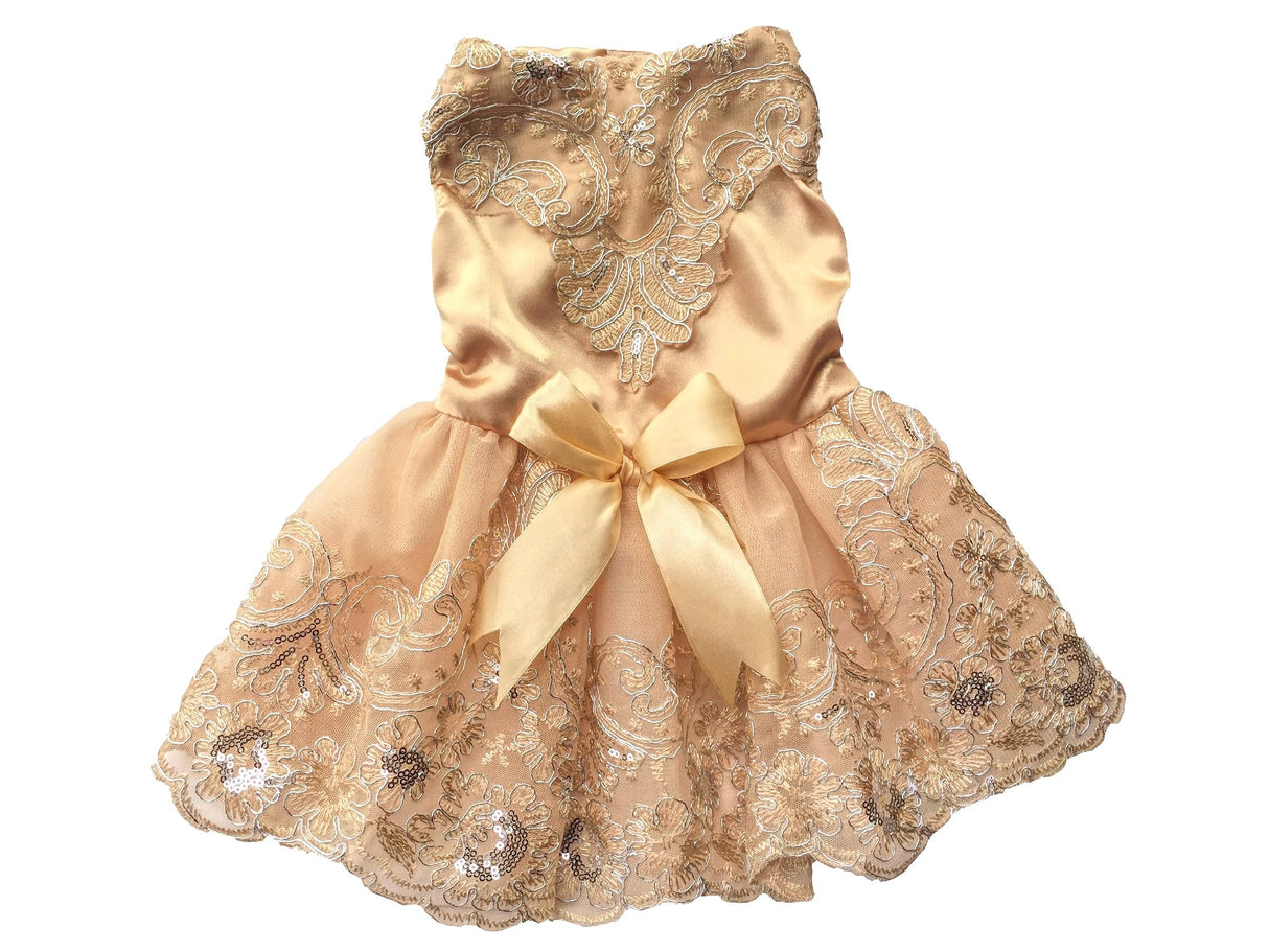 Vedem Pet Dog Floral Embroidered Lace Wedding Dress (XS, Gold)