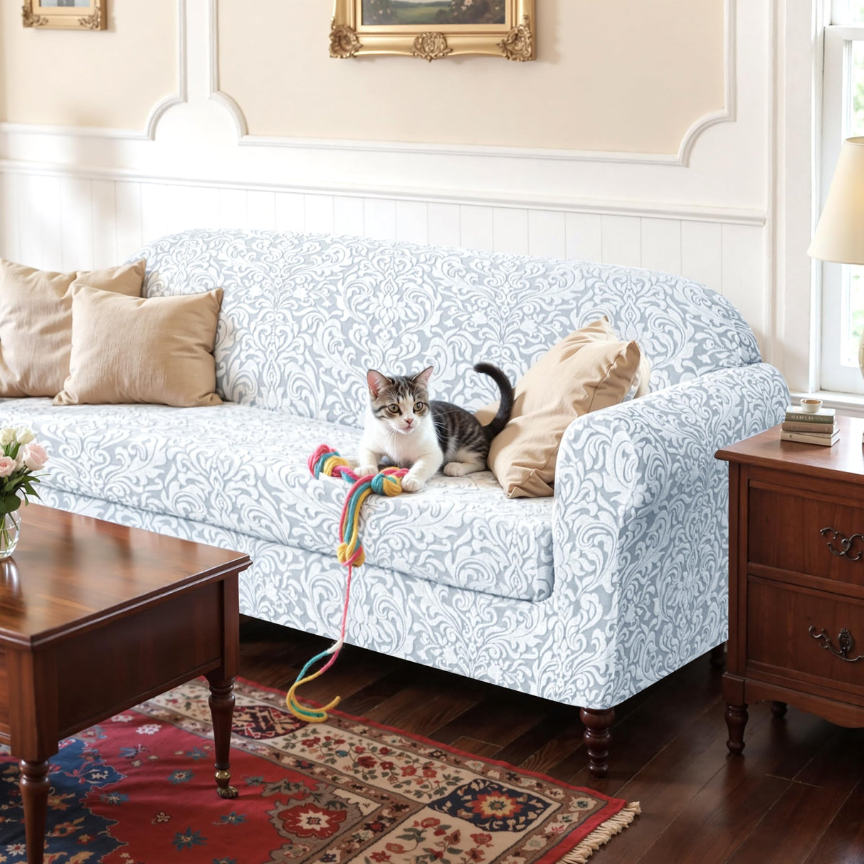 SUBRTEX 2 Piece Loveseat Covers, Jacquard Damask 2 Seater Couch Cover with Seat Cushion, Stretch Non Slip Furniture Protector for Dogs Pets (Medium, Light Grey)