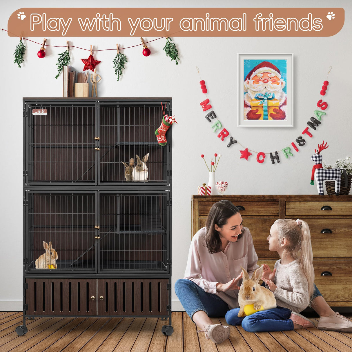 HABUTWAY 60''H Metal Large Ferret Cage, Rolling Chinchilla Cage with Removable Ramps& Double Door, Critter Nation with Locker, Small Animal Cage, Rat Indoor Wooden Pet Crate Furniture