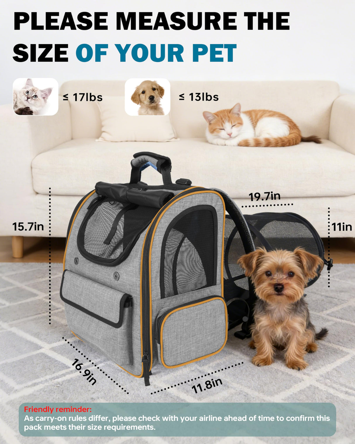 Cat Backpack Carrier with Detachable Round Play Tunnel, 2 in 1 Expandable Cat Backpack with Breathable Mesh,Cat Carrying Backpack for Cat 17lbs & Small Dog 13lbs,Grey Orange.